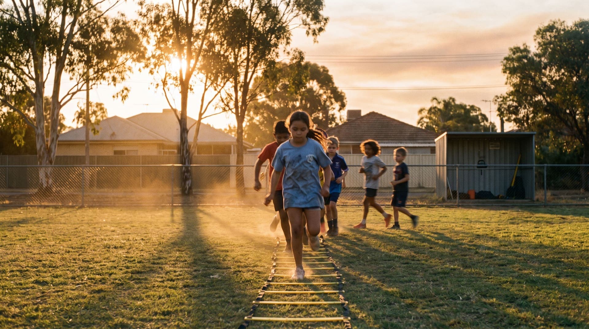 Kids sprinting through an agility ladder at training