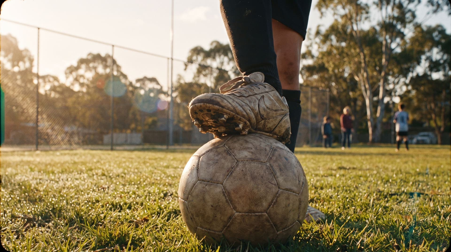 Close-up of a young footballer's boot resting on the ball