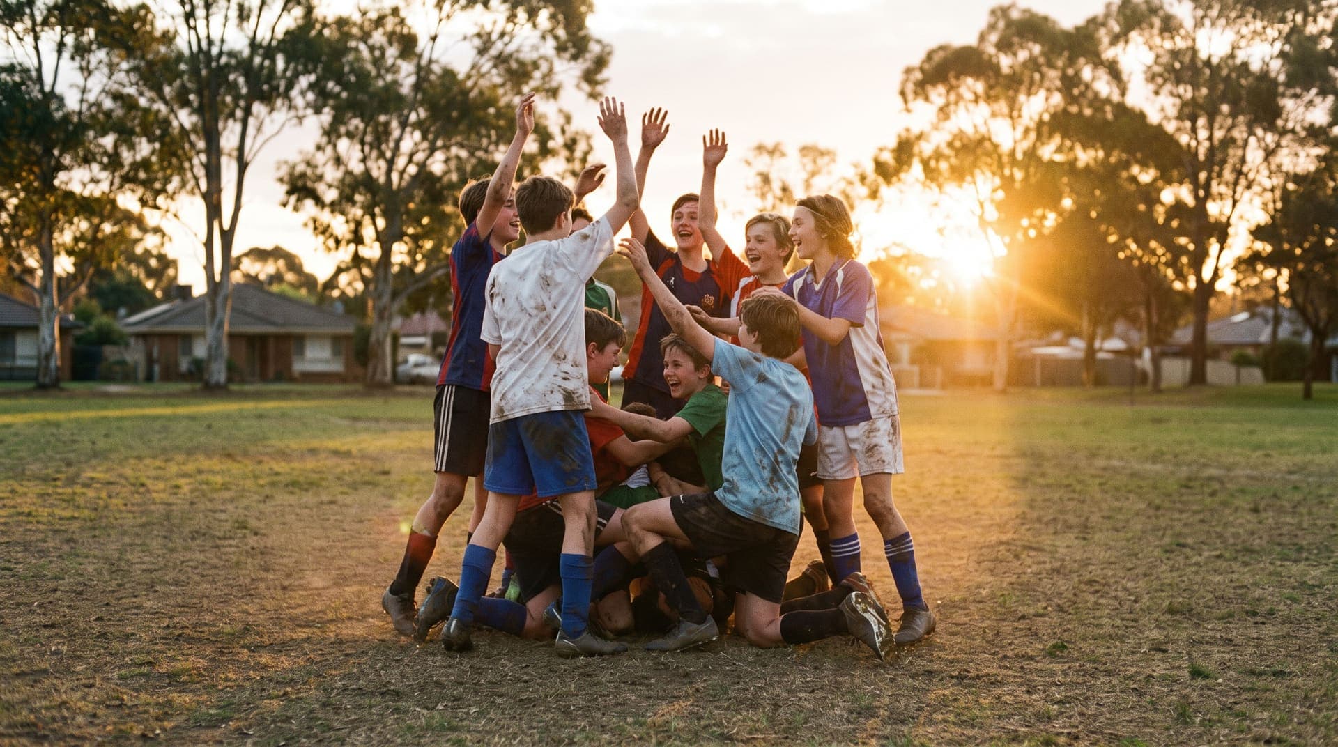 Young footballers piling into a goal celebration at golden hour