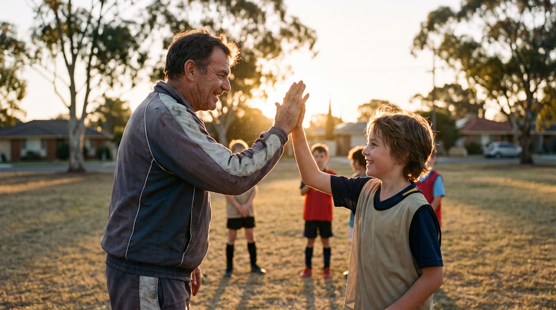 A coach high-fiving a young player at training