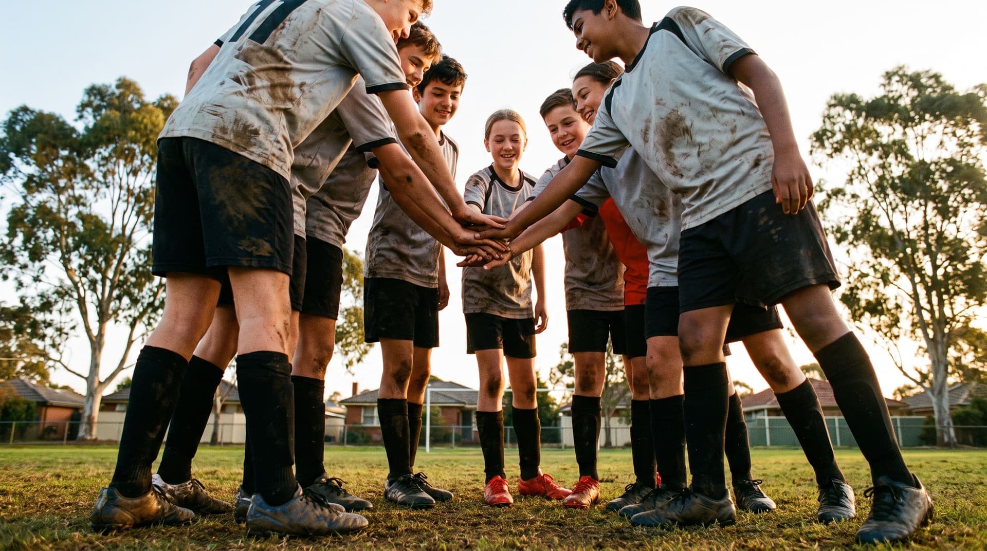 A team huddle with hands stacked in the middle