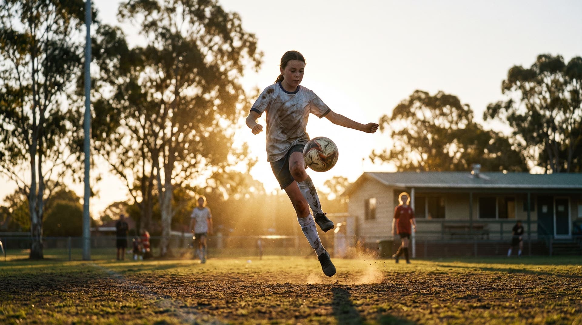 A young girl striking a volley at training