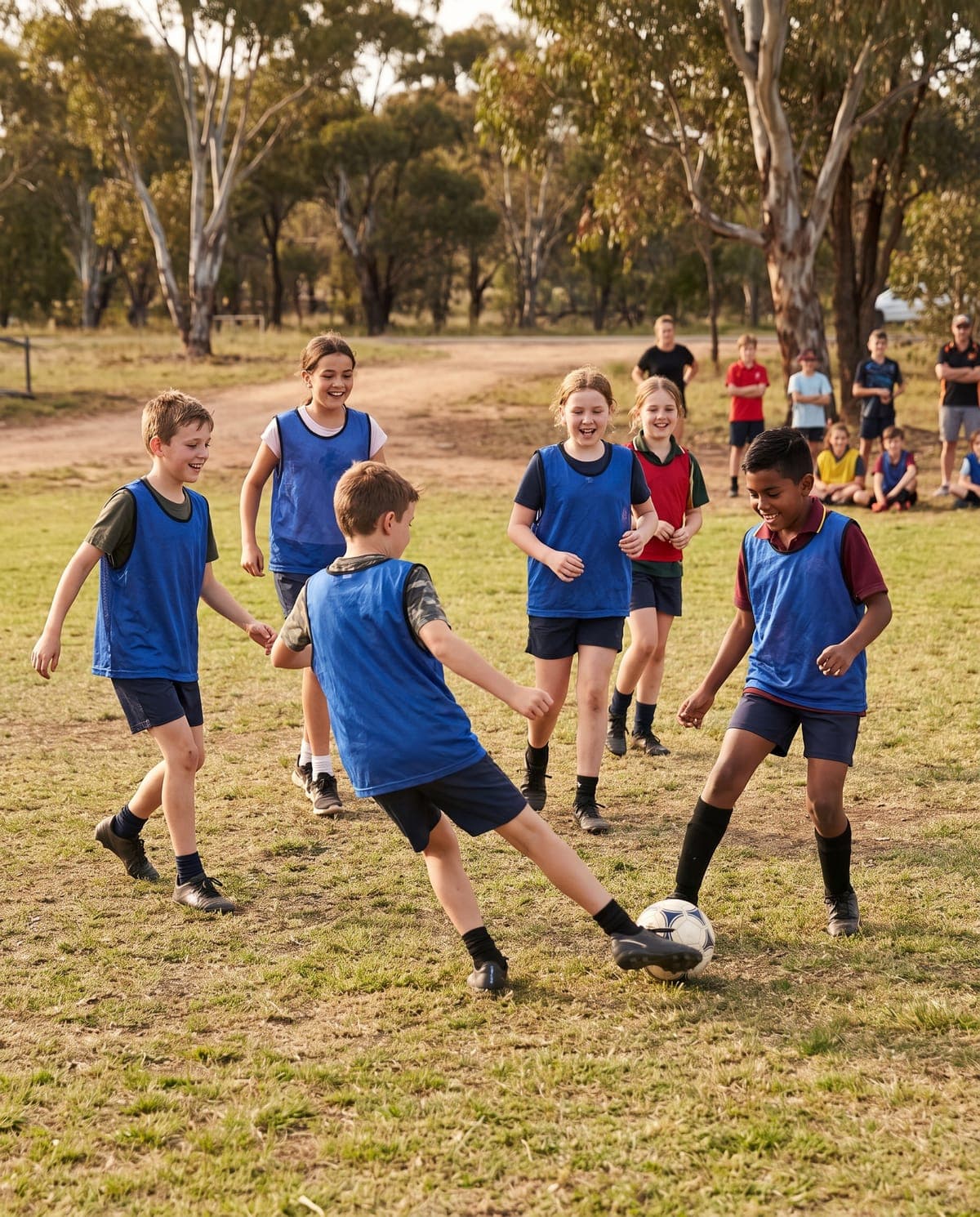 Kids playing a small-sided football match on a sunny community pitch