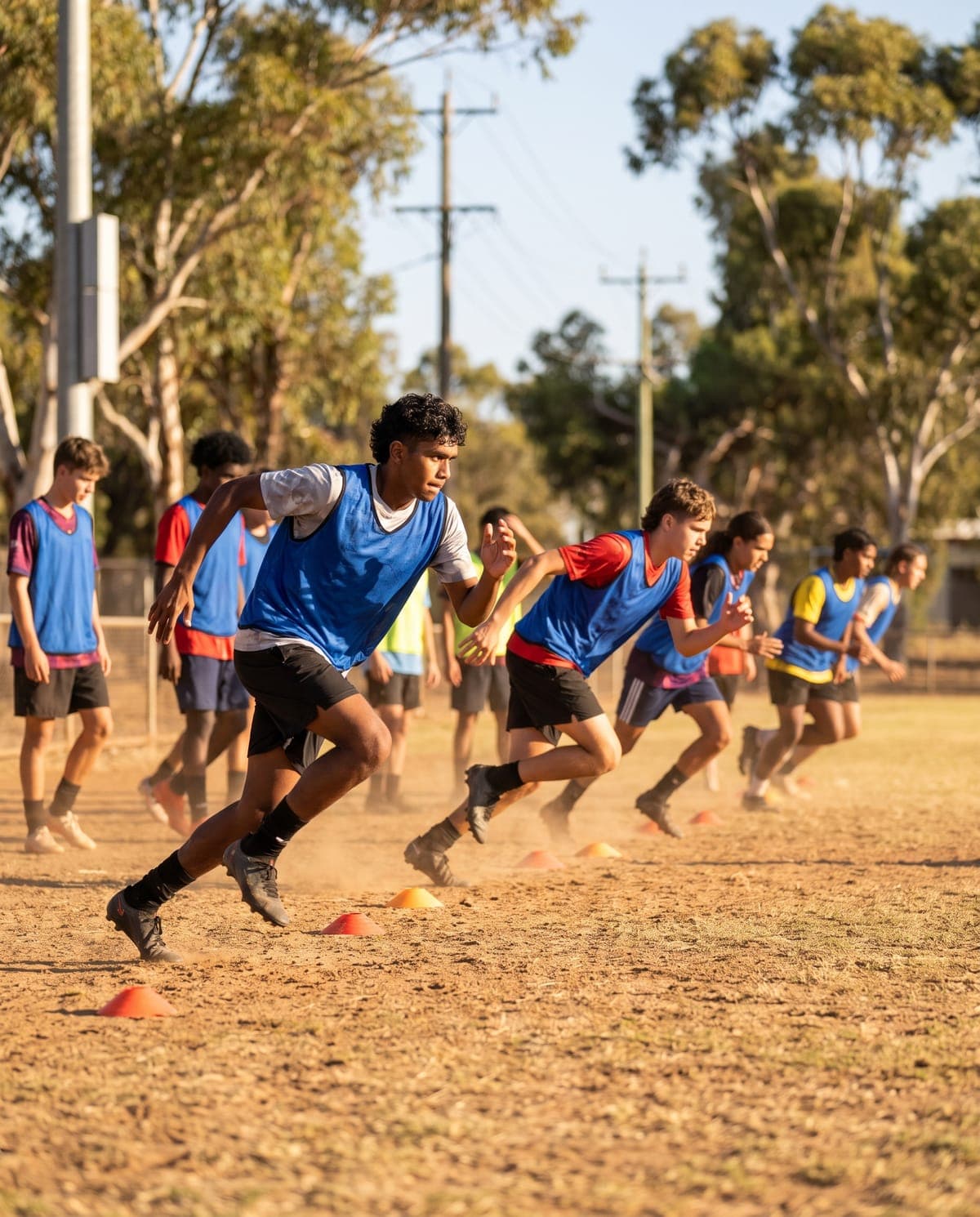 Teenage footballers doing sprint drills at training