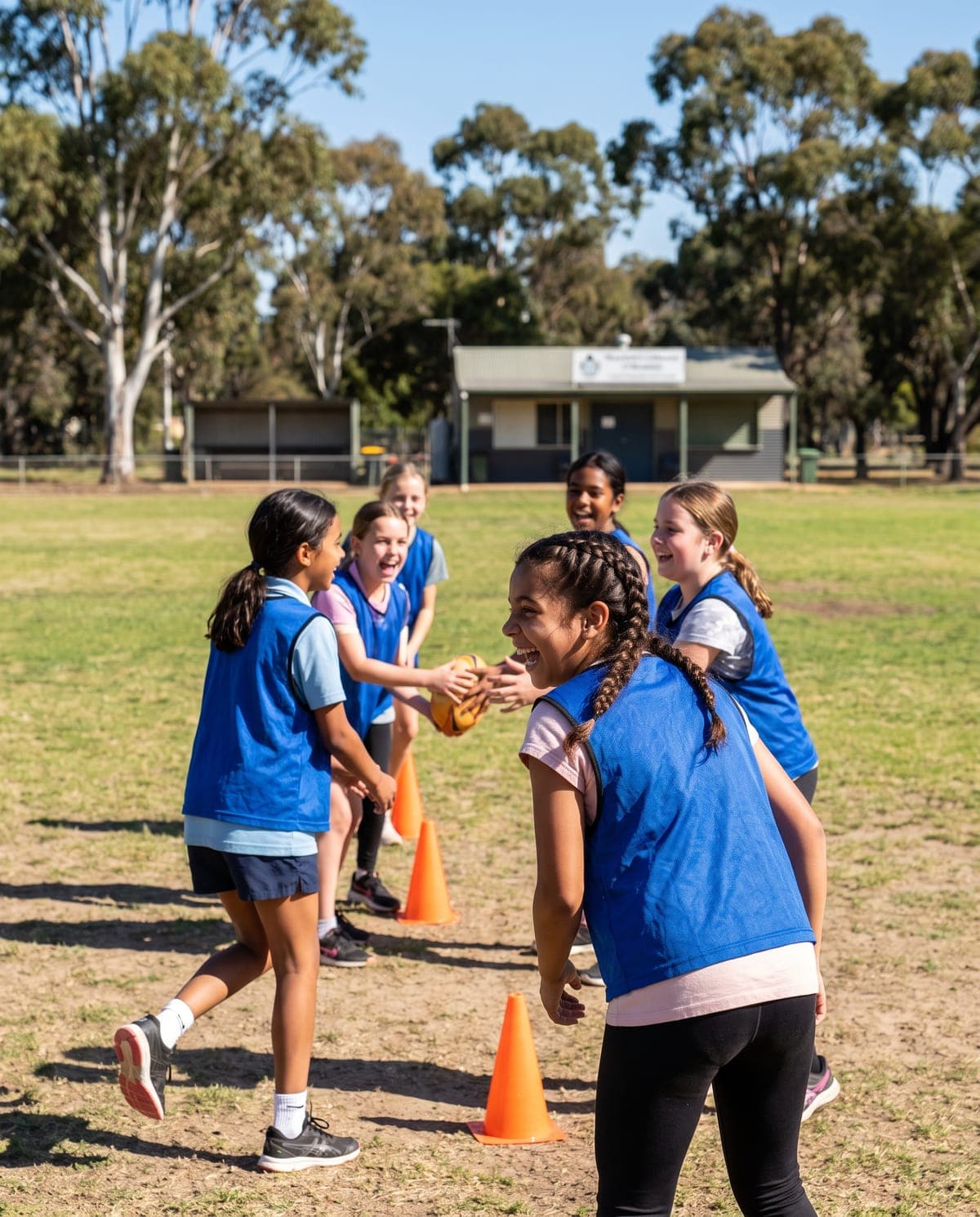 An all-girls squad laughing during a passing drill at football training