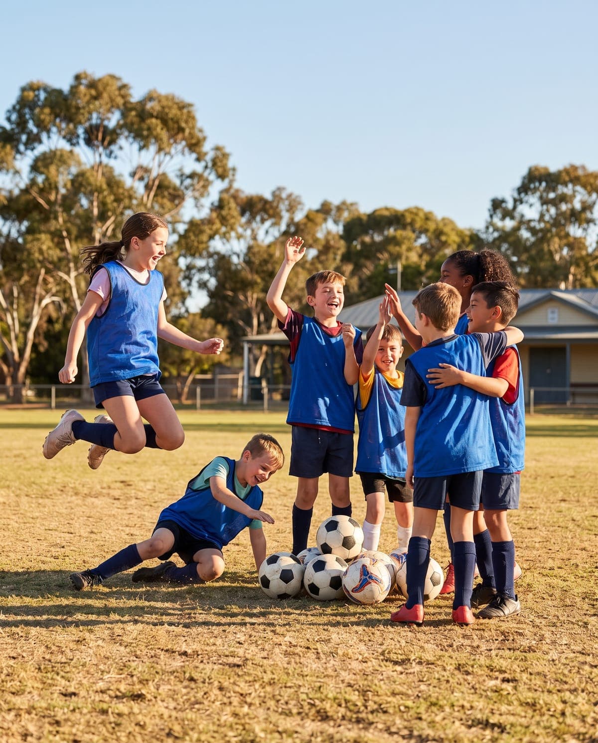 Kids celebrating with footballs at a school holiday clinic