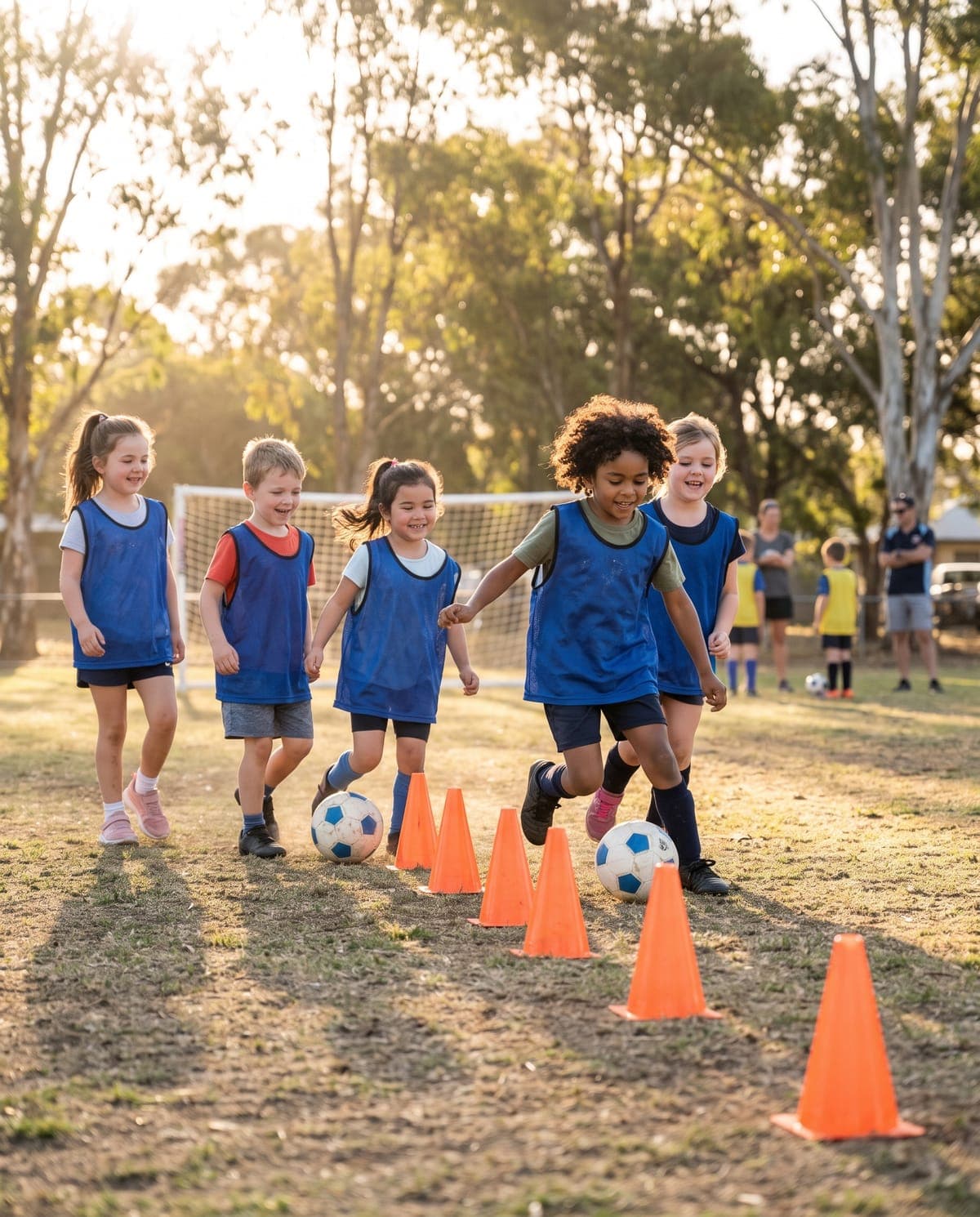 Young kids in blue bibs dribbling footballs through orange cones at training