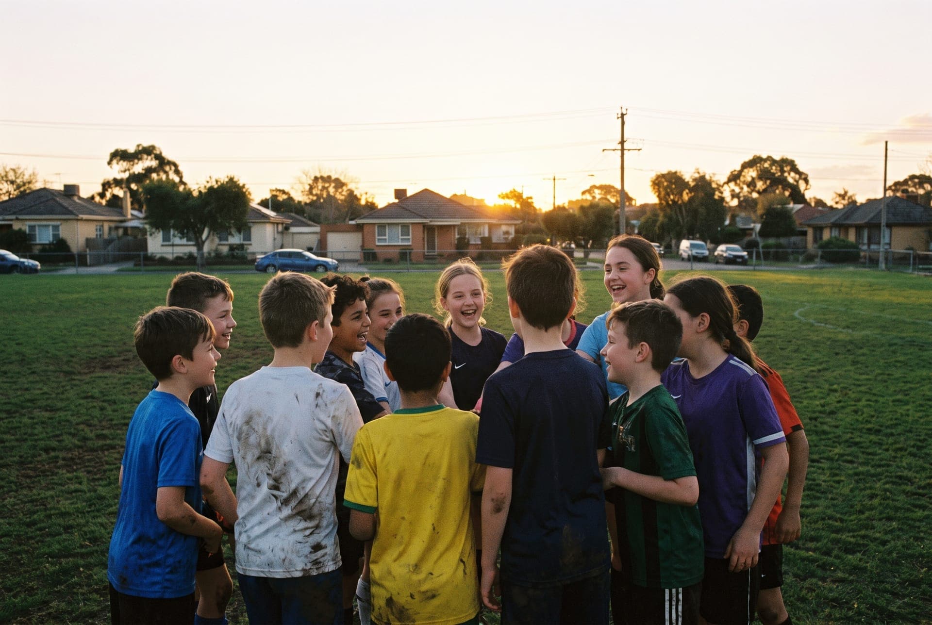 A multicultural group of young footballers huddled together laughing after training at golden hour